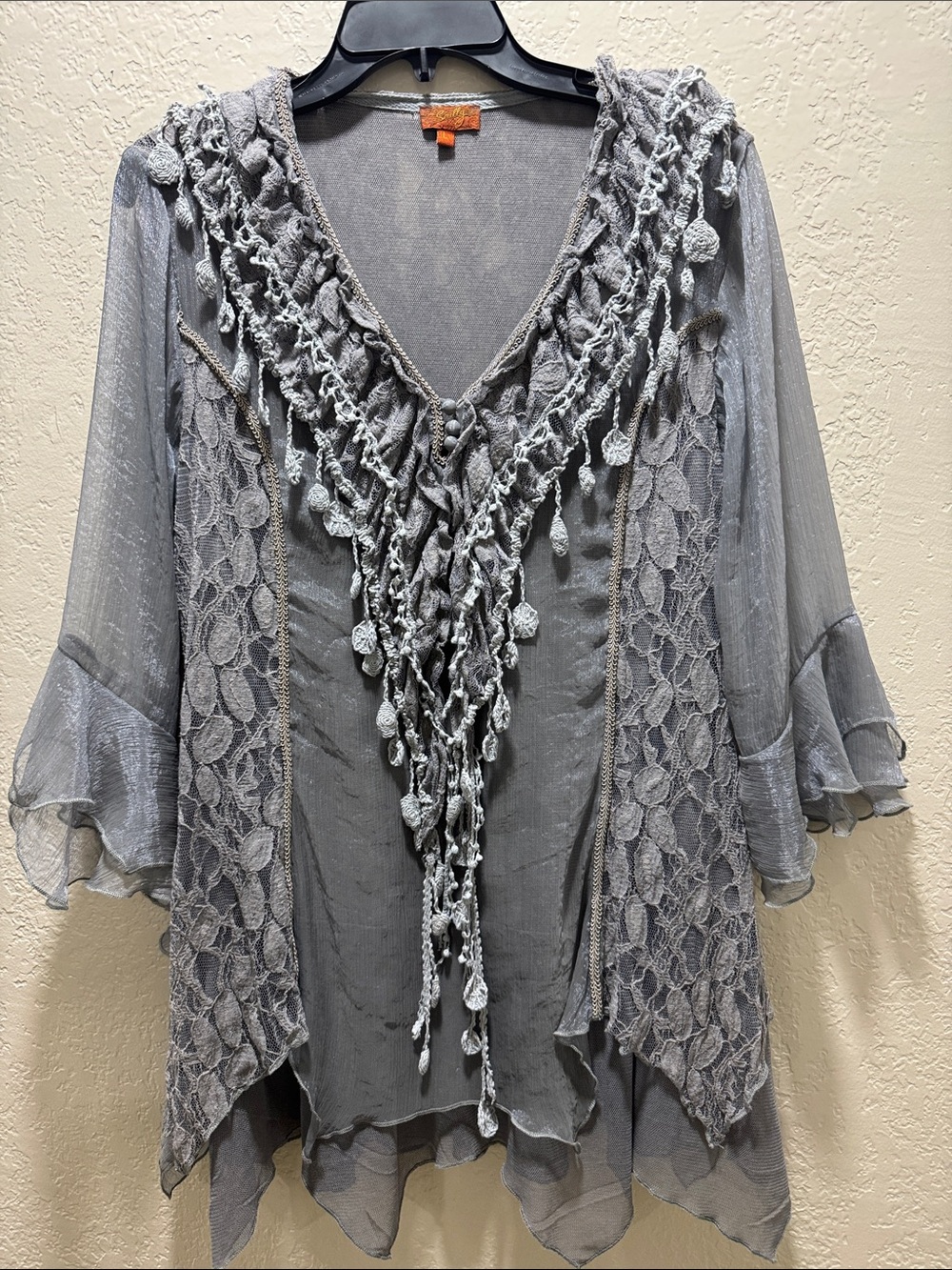 Scully Gray Lace Boho Romantic Ruffle Chiffon Top Size Large